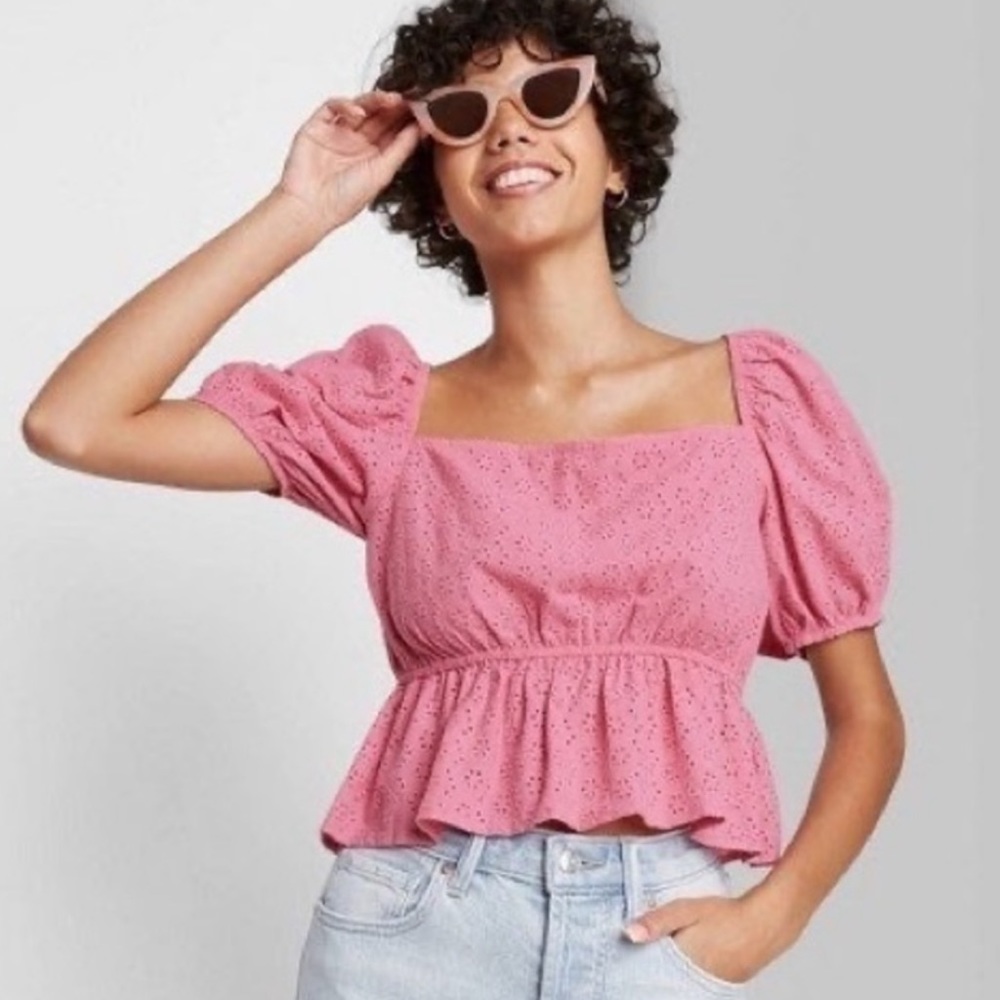 Wild Fable Pink Eyelet Puff Sleeve Crop Top